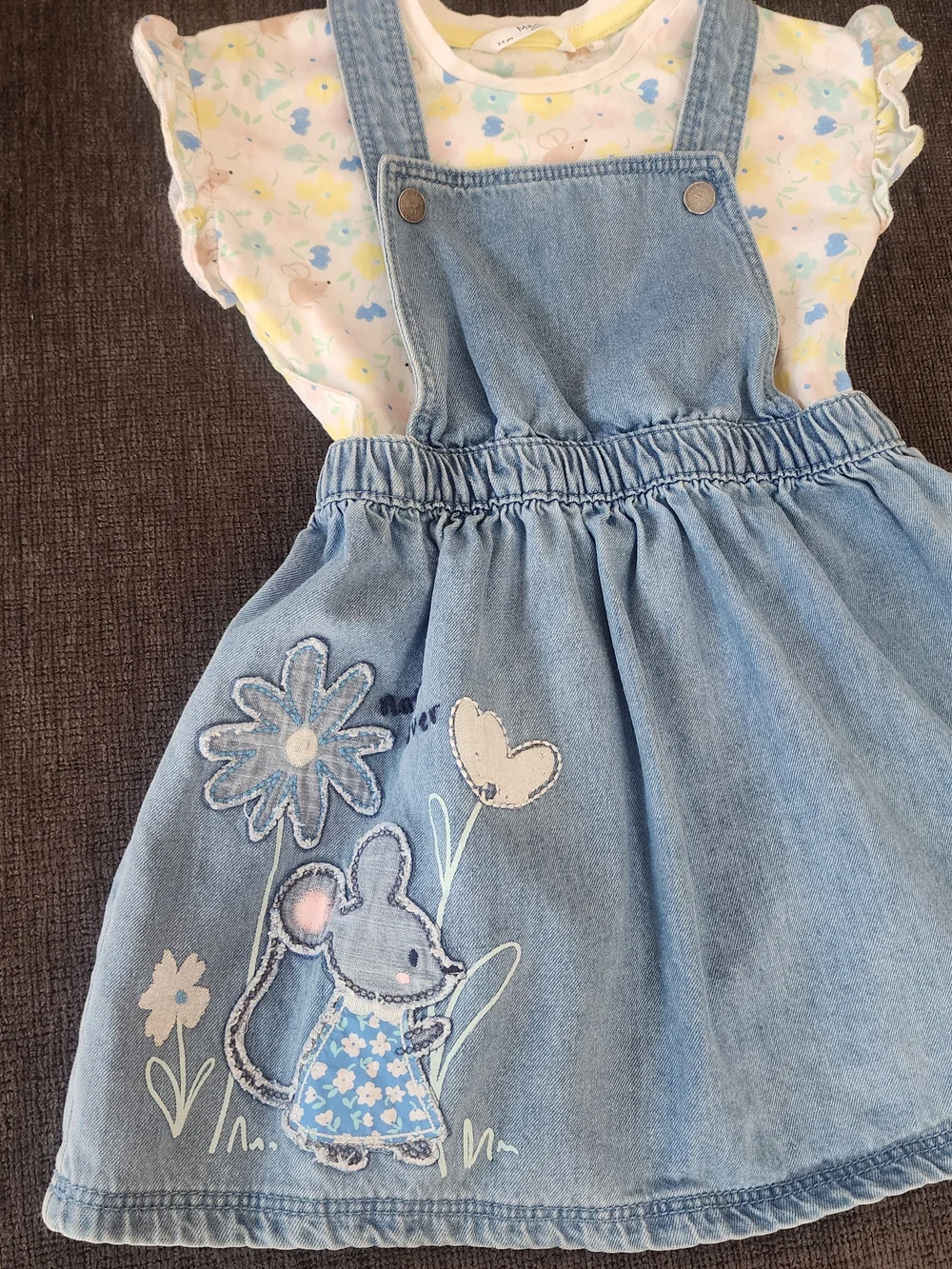 M&S Mouse Flower Nature Lover Denim Overall Dress & T-Shirt, Cottage Girls 2-3 Y